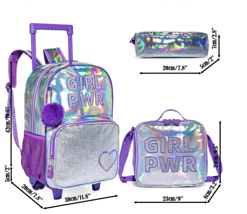 Светъл кожен училище раница-количка, комплект с чанта за обяд, чанта за писалки, училищна чанта за количка 3 в 1, 16-цолови ученически чанти-раници на колелца