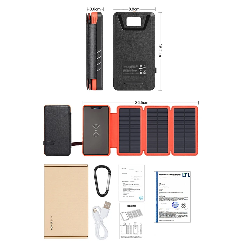 Централната банка на слънчевата енергия 20000 ма с led подсветка 3 слънчеви панели Qi Безжично зарядно устройство Powerbank за iPhone 14 Samsung S22 Xiaomi Poverbank
