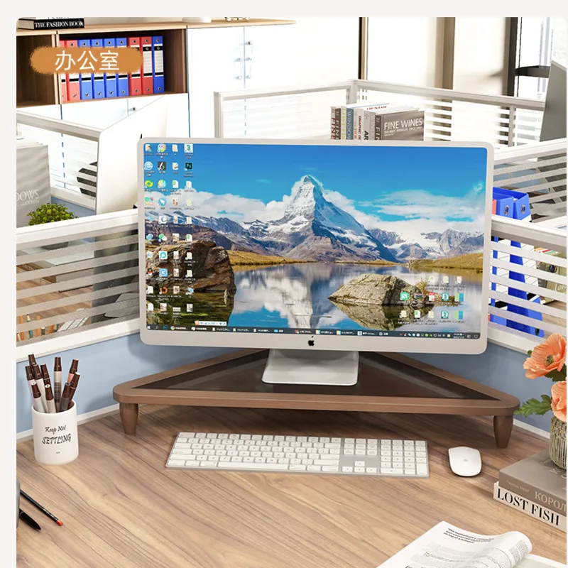 Ъглов компютърен монитор от масивно дърво, височина стойка за лаптоп, компютърна маса, офис стелажи за съхранение на работния плот