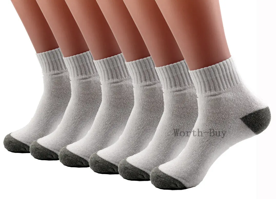 Нови мъжки 6 чифта спортни бяло-сиви чорапи на една четвърт от глезена изработени от памук, с дълбоко деколте, размер 10-13