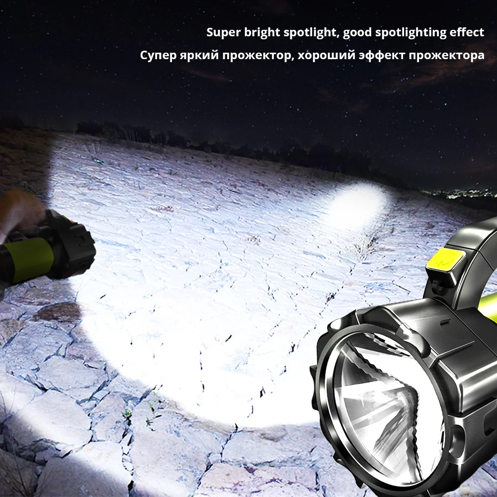 Супер ярки led Прожектор Фенер Със странично осветление 6 режима на осветление се Захранва от батерии 18650 За нощуване на открито