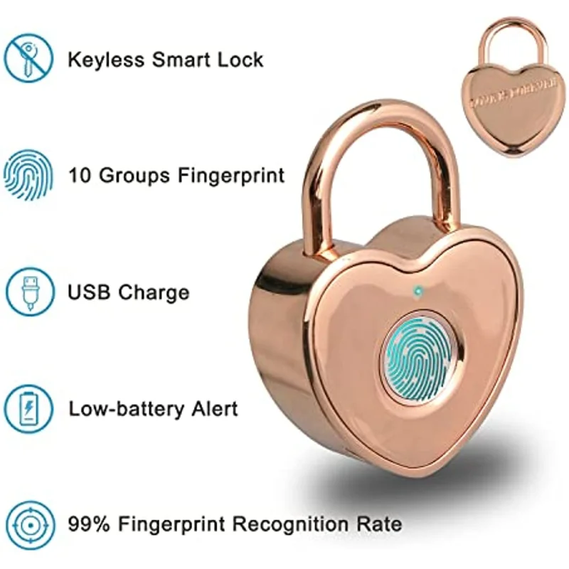 Заключване за пръстови отпечатъци с форма на сърце, заключване за шкафчета, USB-волтова батерия шкаф за фитнес, заключване за училищната чанта