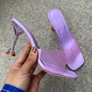 2022 Стил, прозрачни дамски чехли от PVC с кристали, модни дамски чехли на висок ток, летни сандали, обувки