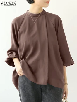 2023, Дамски блуза ZANZEA с дълъг ръкав, пролетно елегантна работна риза с кръгло деколте, обикновена вечер блузы, дамски ежедневни свободни топове оверсайз