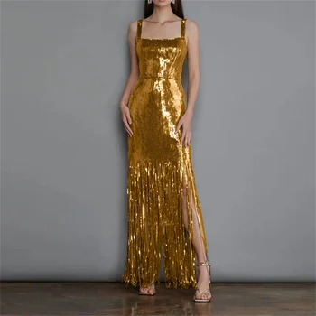 2023 Златното секси вечерна рокля с пискюли и пайети, летни дамски тънки рокли с цепка на спагети, дамски официални рокли за завършилите, абитуриентски рокли за завършилите