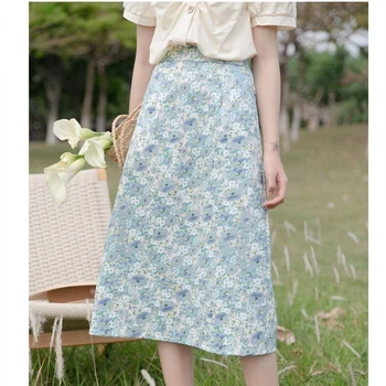 2023, Корейската мода шифоновая пола с флорални принтом, разрезная пола, ежедневни модни дълги поли за жени, пролет-лято, елегантен дамски панталон