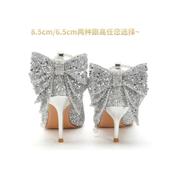2023 Летни нови обувки за сватба, булчински обувки, кристални пайети, подарък за възрастни, перлена верижка, папийонка, дамски официални обувки на висок ток 8,5 cm