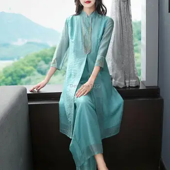 2023 нов китайски ретро национален стил женски модерен костюм с къс ръкав и яка подпора на топ елегантен женски случайни комплект дрехи g613