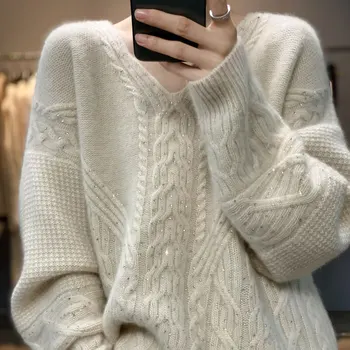 3-цветен вълнен пуловер, всекидневни топъл женски пуловер с дълги ръкави, вязаный пуловер от 100% чиста вълна, есенно-зимния нов пуловер с V-образно деколте
