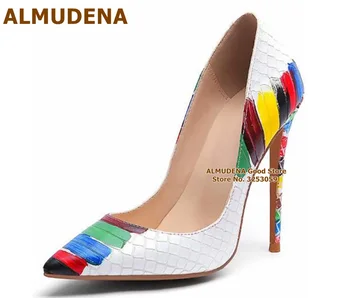 ALMUDENA, боядисана червило от бяла змийска кожа, дизайнерски обувки на висок ток с цветни принтом графити, сватбени обувки-лодки, размер на 45, женски