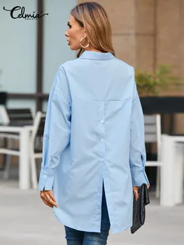 Celmia Ежедневни Блузи с дълъг ръкав, Дамски Блузи с Цепка отзад Копчета, Модерни, Шикозни Блузи, Обикновена Летни Дамски Бели Ризи 2023