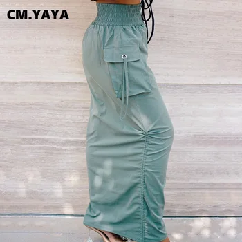 CM.YAYA, свободни обикновен дамски поли с плисета дантела прозорци от двете страни, пола регулируема дължина с джобове, дамски ежедневни градинска облекло 2021