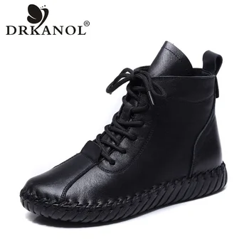 DRKANOL/ женски ботильоны от естествена кожа, ръчна изработка на мека подметка, удобни в есенно-зимната плюшен топло обувки, дамски ежедневни къси ботуши