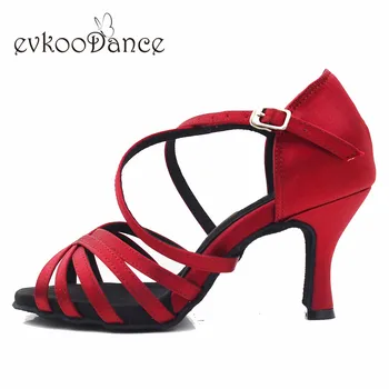 Evkoodance Размер US4-12, сатенени обувки за латино танци цвят на червено вино, Професионална петата височина 7 см, дамски обувки за система за салса Evk609