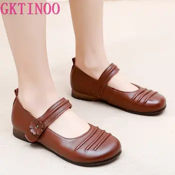 GKTINOO/ дамски обувки в стил ретро от телешка кожа с цветя, мамина обувки на равна подметка, 2023, есенна обувки за майките голям размер от естествена кожа върху плоска подметка