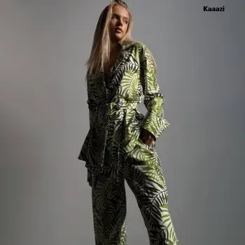 KAAAZI, есен нов модерен принт, свободна дамска блуза с дълъг ръкав и отложным яка, костюми, жените с дълги панталони, комплект от две части