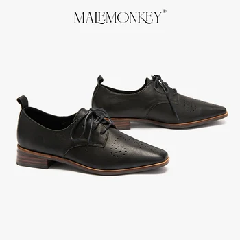MALEMONKEY/ Модни Дамски обувки-Oxfords от Естествена кожа 2023, Ежедневни Обувки-Лодка на среден Ток с Остър Пръсти, Нескользящая Дамски Обувки Ръчна изработка