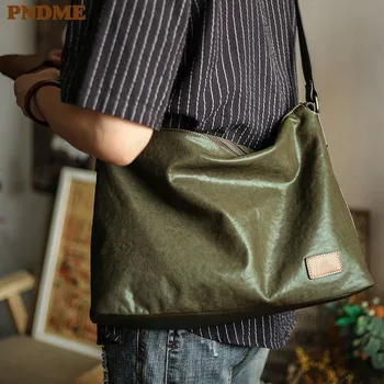 PNDME прост свободно време висококачествена мъжка чанта-месинджър от естествена кожа на открито за ежедневната работа от мека телешка кожа младежка чанта през рамо