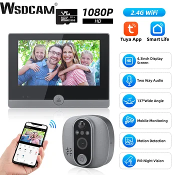 Wsdcam WiFi 4,3-инчов LCD Камера-Шпионка за Нощно Виждане Звънец Smart PIR Запис Звънец в Шпионката 137 ° Широкоъгълен