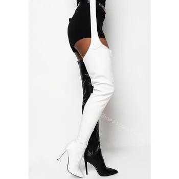 Ботуши до коляното с катарамата на колана си, остър чорап, однотонная цип отстрани, британски стил, е черно-бяла дамски зимни обувки големи размери, Zapatos Para Mujere