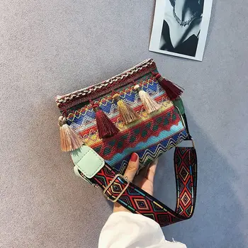 Дамска чанта в етнически стил, малка квадратна чанта,-месинджър чанта на едно рамо, bag-чанта с пискюли, чанти през рамо