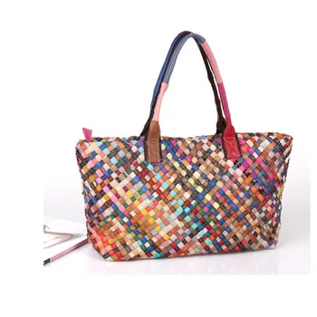 Дамска чанта от естествена кожа, модерна чанта-тоут голям капацитет, многоцветен тканая чанта, контрастная чанта ръчна изработка