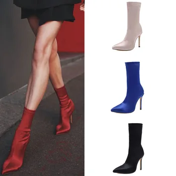 Дамски обувки Koovan на висок ток с остър пръсти от сатен еластична тъкан, кожени ботуши, червени, сини, черни дамски обувки