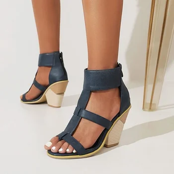 Дамски обувки големи размери, нестандартен лятото 2023, дамски сандали на висок дебел ток в римски стил