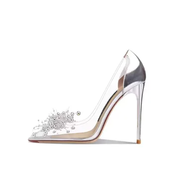 Дамски обувки на висок ток с прозрачни сребристи перлената катарама, новост 2023 г., летните обувки с кристали, френски стил, един w