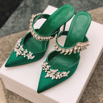 Дамски сандали 2023, пролет/лято, нова верига с кристали, модни обувки на висок ток, банкетная обувки на тънък ток Baotou Мюлер