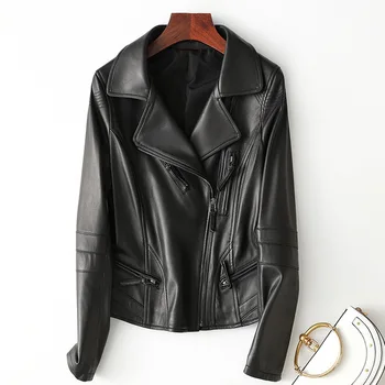 Дамско яке от естествена кожа, дубленка, сако от 100% естествена овча кожа, дамски мотоциклетът черен дамски връхни дрехи, големи размери