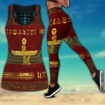 Египетската древна кралица, червен топ на бретелях с 3D принтом и комплект леггинсов за фитнес, женски гамаши пълна дължина, панталони за йога LKB-35