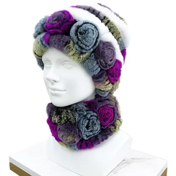 Есенно-зимна топла вязаная шапка от естествена кожа заек Рекс, комплекти шалове, дамски шапка с цвете роза, меко пушистое пръстен на врата
