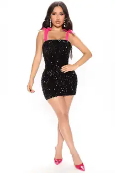 Жена дебнещ мини рокля midi на тънки спагети презрамки MUDAN, расшитое пайети, без ръкави, 2023 INS, клуб вечерни секси рокли за партита, Vestidos