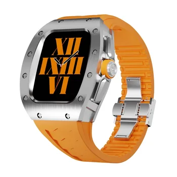 За Apple Watch калъф от титанова сплав за Apple Watch 44/45 мм серия iwatch SE/4/5/6/7/8， Луксозна гривна от фторкаучука