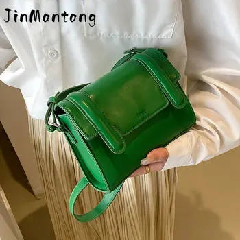 Зелена чанта с капак за жени, пролетен тренд 2023, новост в модата, малки чанти и портмонета от изкуствена кожа, однотонная чанта през рамо