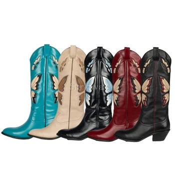 Каубойски ботуши Модни ботуши до коляното дамски есенни и зимни обувки червени и сини обувки на танкетке и ципове, с дълги, остри пръсти, Обувки Арт