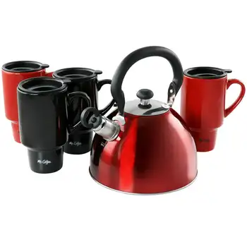 Комплект от 9 теми, съскащ кана за приготвяне на чай и пътна чаша, червена и черна мебел за дневна