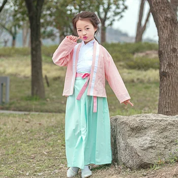 Комплект от три детски дрехи за изказвания в стил ретро Hanfu от памук и коноп за момичета