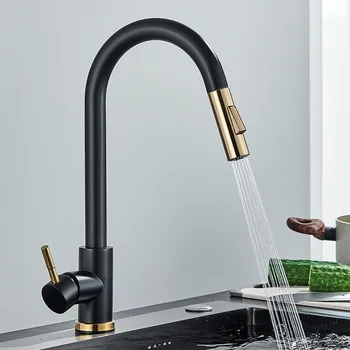 Кухненски кран, разтегателен кран за вода в кухненската мивка, смесител с една дръжка, въртящи се на 360 Матиран златен с кухненски смесител за душ