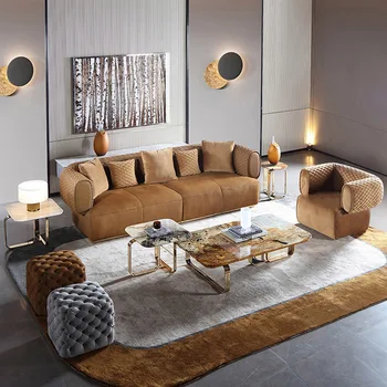 Лесен луксозен кожен диван за дневна диван от масивно дърво, маса за кафе, комбинация