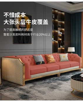 Лесен луксозен кожен диван с таблата от телешка кожа в хола, престижно атмосфера, съчетание от модерен прост малък апартамент