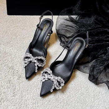 Летни дамски сандали Baotou на тънък ток, с остри пръсти, корейската мода, лък с пайети, панделка, черни обувки на висок ток с пола