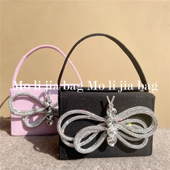 Луксозна дизайнерска квадратна чанта с голям лък, украсен с кристали, вечерна чанта с диаманти, дамска чанта, клатч за сватбени партита, портфейл