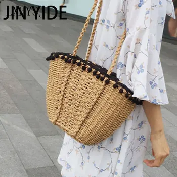Модерна дамска чанта, прекрасна плажна чанта през рамо, женски сламени чанти ръчна изработка, лятна количка за билки, ракита чанта на рамото от ратан