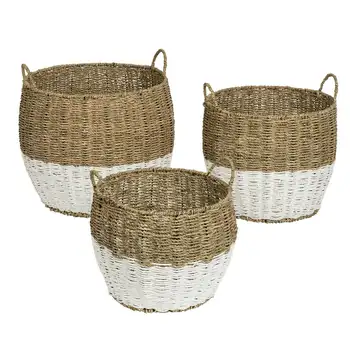 Може да се направи комплект от 3 кръгли кошници за съхранение, с дръжка от морска трева 2-те цветове, естествени и бели