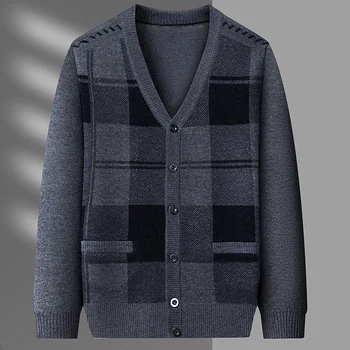 Мъжка жилетка без плюш, модерен случайни пуловер с дълги ръкави, топла жилетка с V-образно деколте, палто