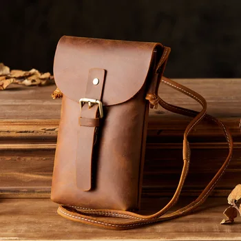 Мъжка чанта за мобилен телефон от естествена кожа, универсална малка чанта през рамо в ретро стил Crazy Horse, мъжки мини чанта от телешка кожа