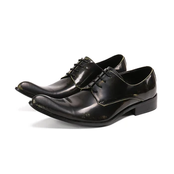 Мъжки обувки ръчна изработка, бизнес обувки с висок берцем, дантела, офис обувки от естествена кожа с остри пръсти, oxfords, размер 36-47