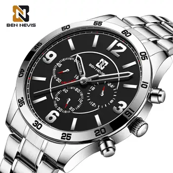 Мъжки спортен часовник BEN NEVIS, черен, 3 малки циферблат, сребристи хронограф от неръждаема стомана, мъжки часовник Relógios Masculino